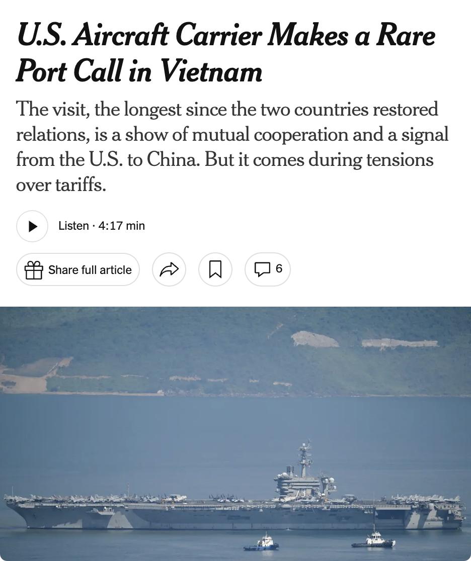 外媒：美国核动力航母"乔治·华盛顿"号周四抵达越南岘港，这是越战结束以来美国航母