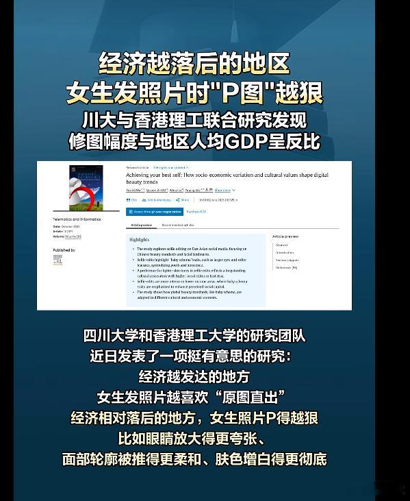 经济越落后的地区女生发照片时”P图”越狠川大与香港理工联合研究发现修图幅度与地区