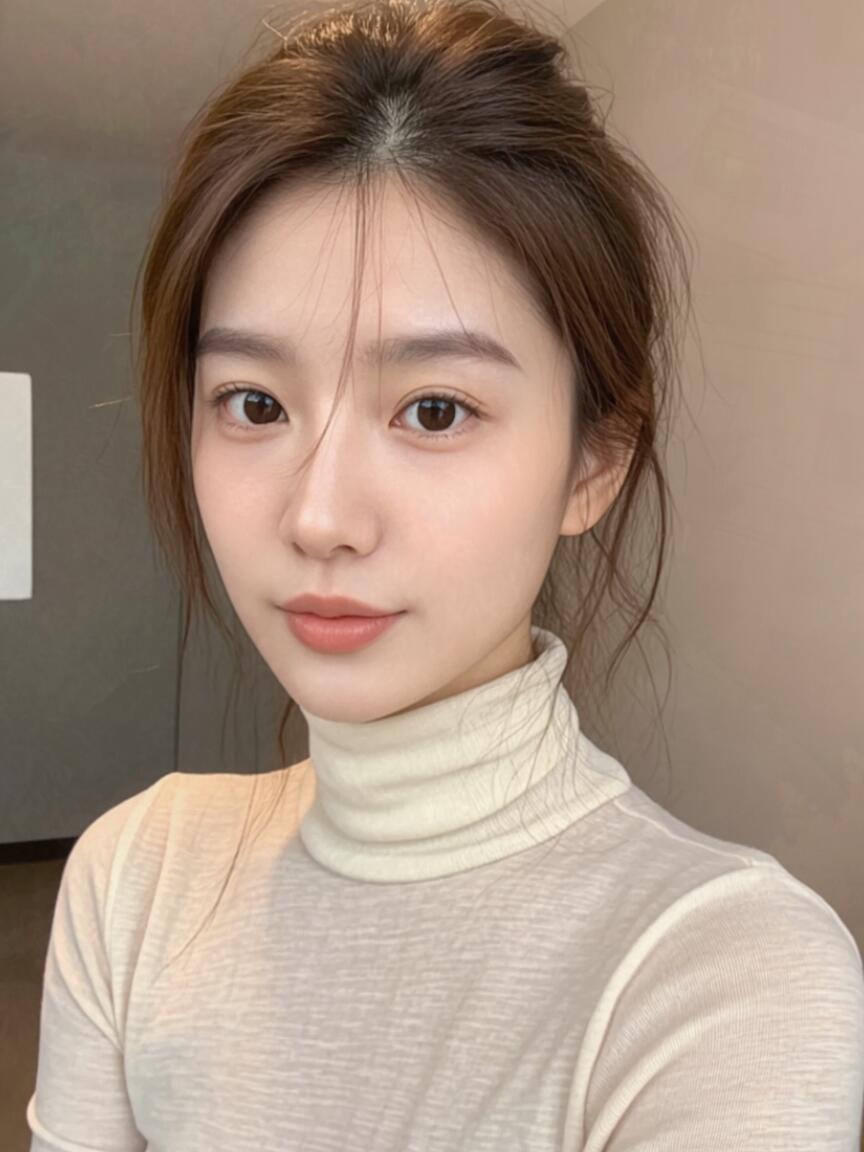 温柔甜美的自拍，暖色调的灯光，自然妆容，简约时尚。