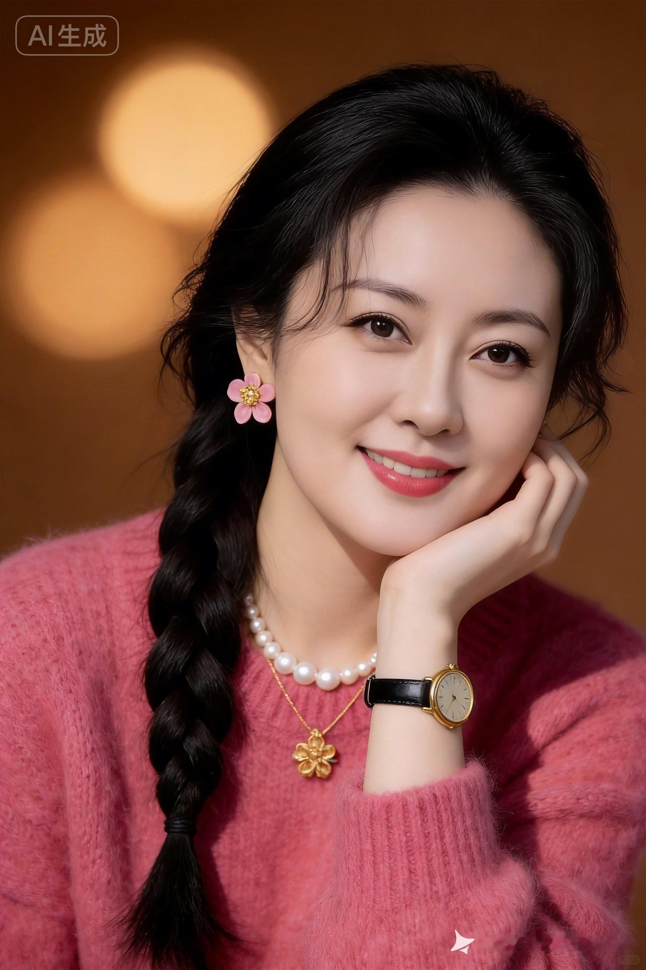 温柔甜美的少女，粉色毛衣搭配珍珠项链，微笑中散发着温暖。