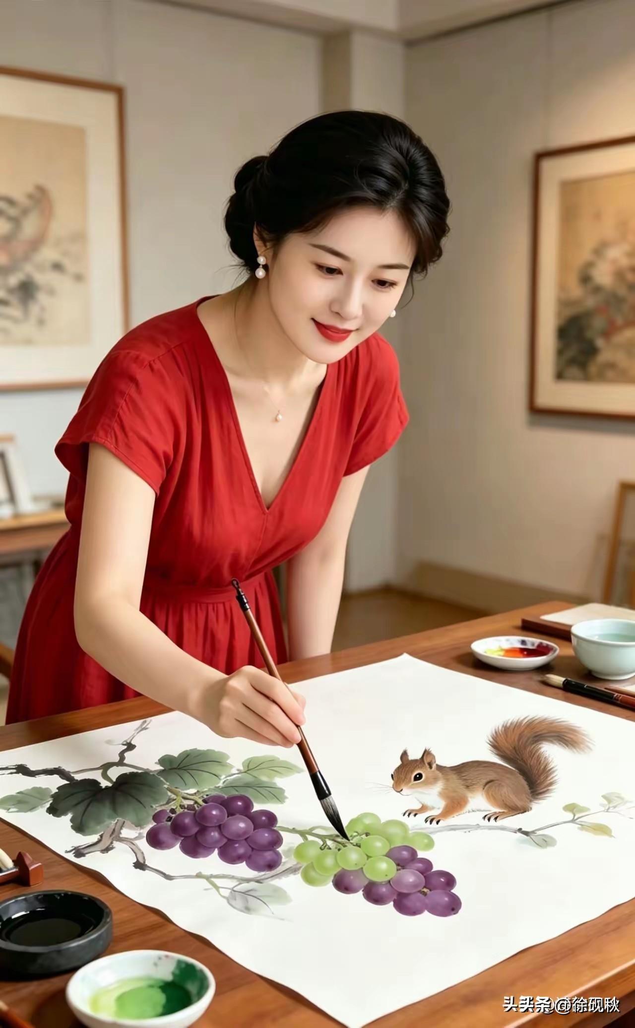 佳丽梦想当画家，
空闲就做临摹画。
妙笔绘出葡萄串，
晶莹剔透人人夸。