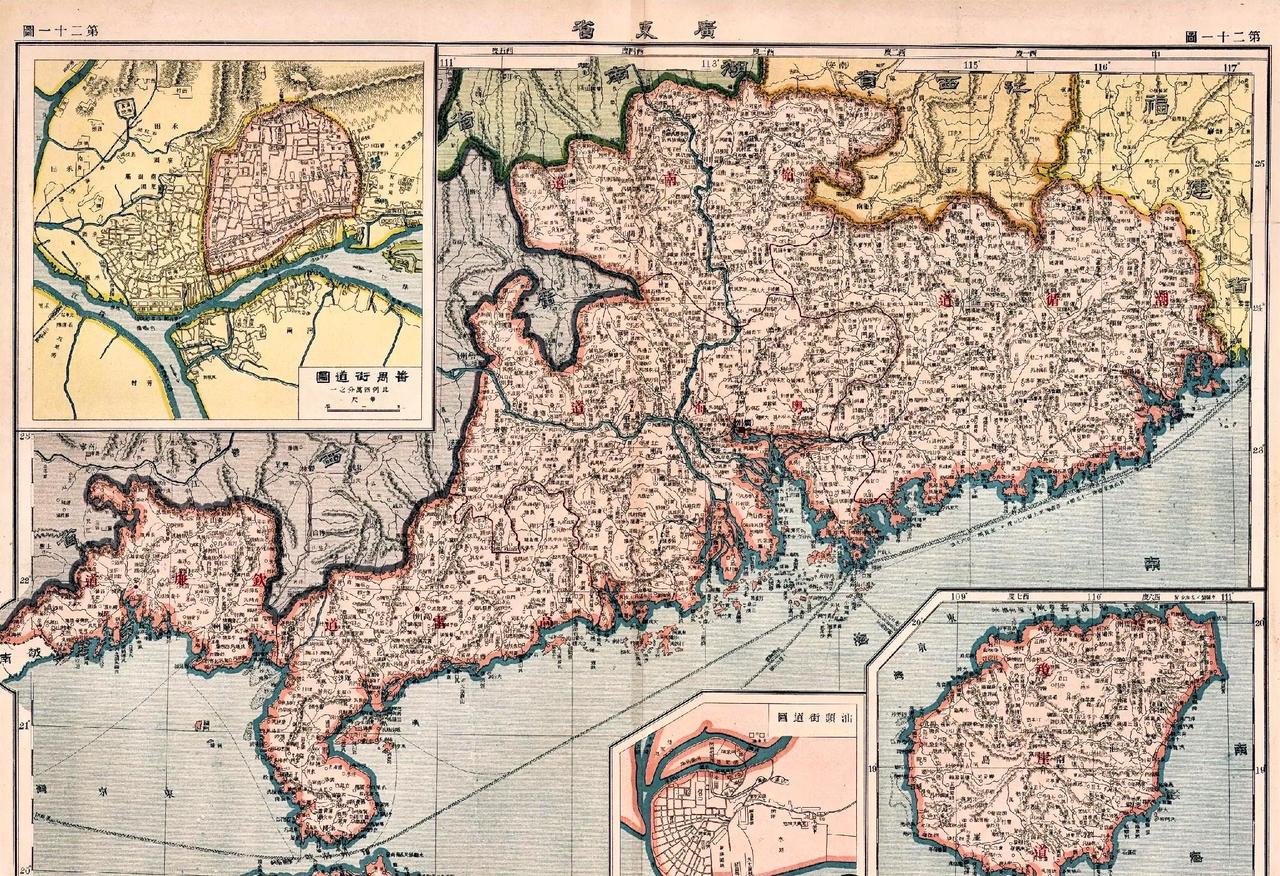 1917年出版的《中国新舆图》中广东省的地图。1917年广东全省被划分为6道，分