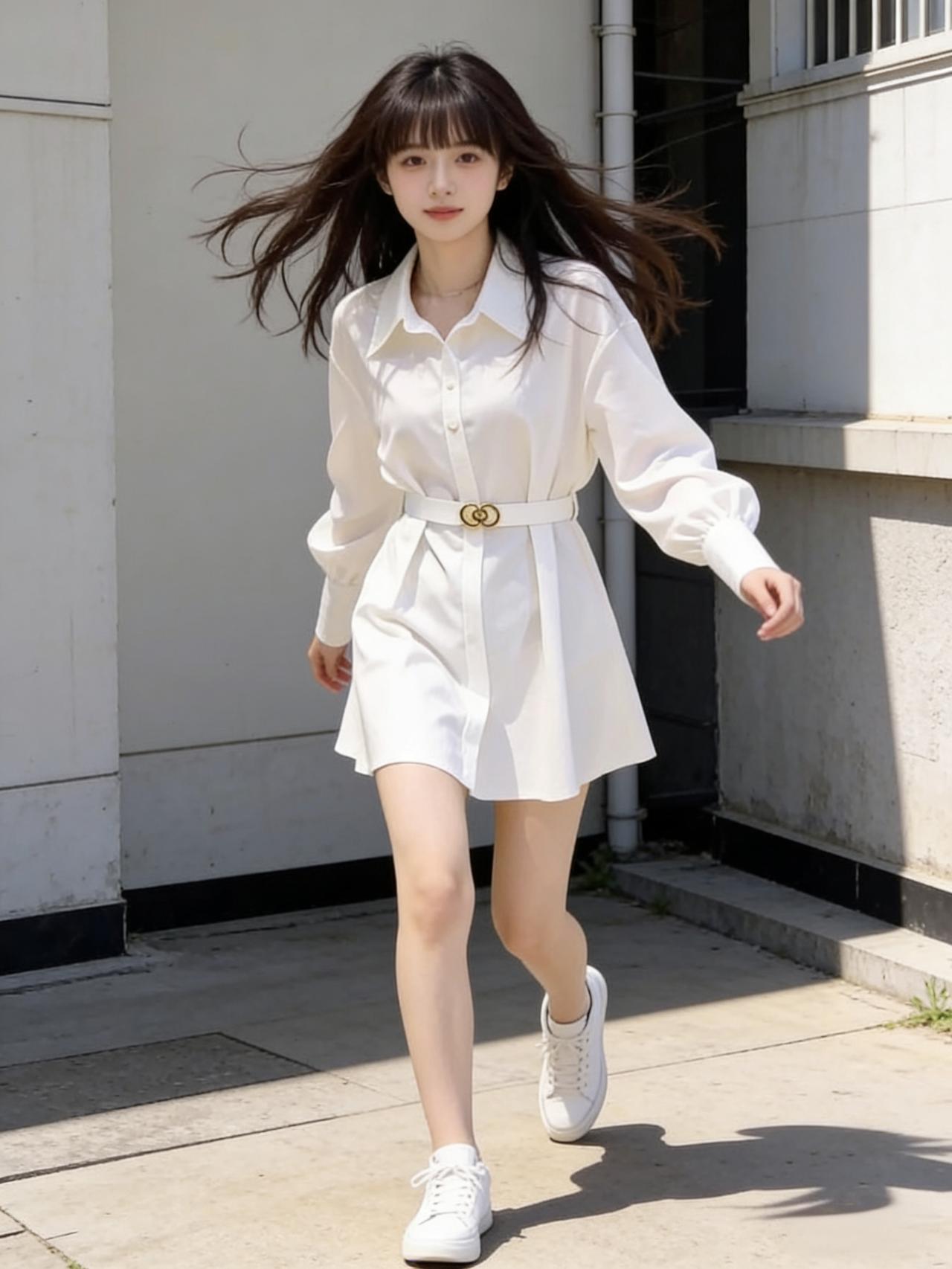 她身上的白色衬衫裙，棉质面料带着自然的垂坠感，V领设计露出纤细脖颈，腰间的系带轻