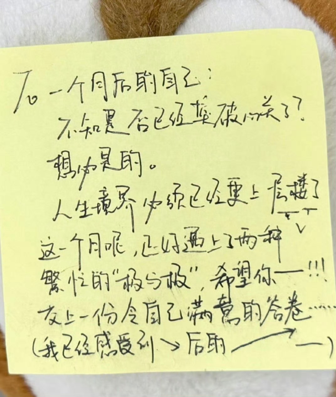 杨博文历经一个月公开便利贴    杨博文便利贴TO一个月后的自己：不知是否已经突
