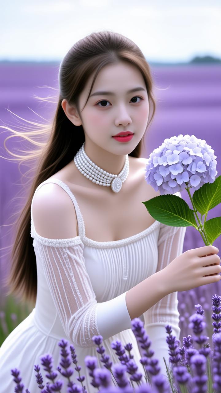 梦幻紫色花海中的优雅少女，珍珠项链点缀，宛如童话中的公主。