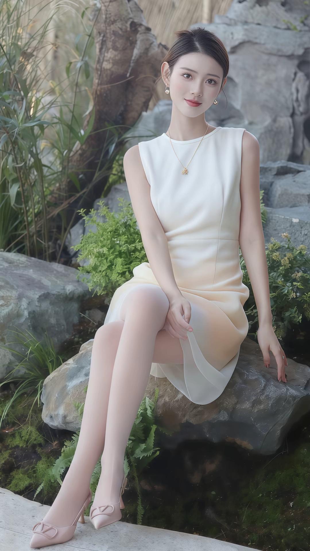 《岩石上的白衣女子》
在阳光明媚的午后，我漫步于山间小径，偶然间，一幅令人心旷神