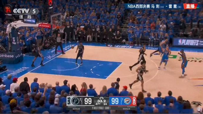 NBA西部决赛NBA 季后赛西部决赛雷霆对阵马刺BO7第一局，双方战成101:1