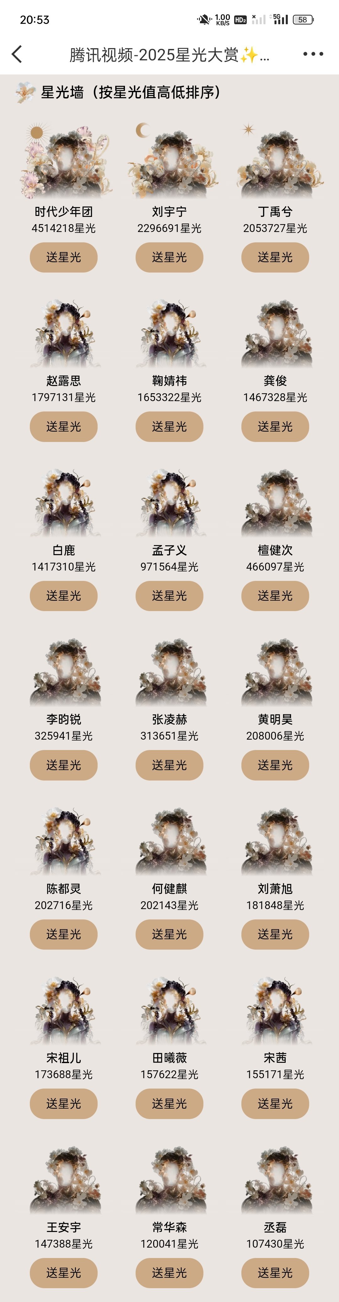 腾讯视频星光大赏最新投票排名 