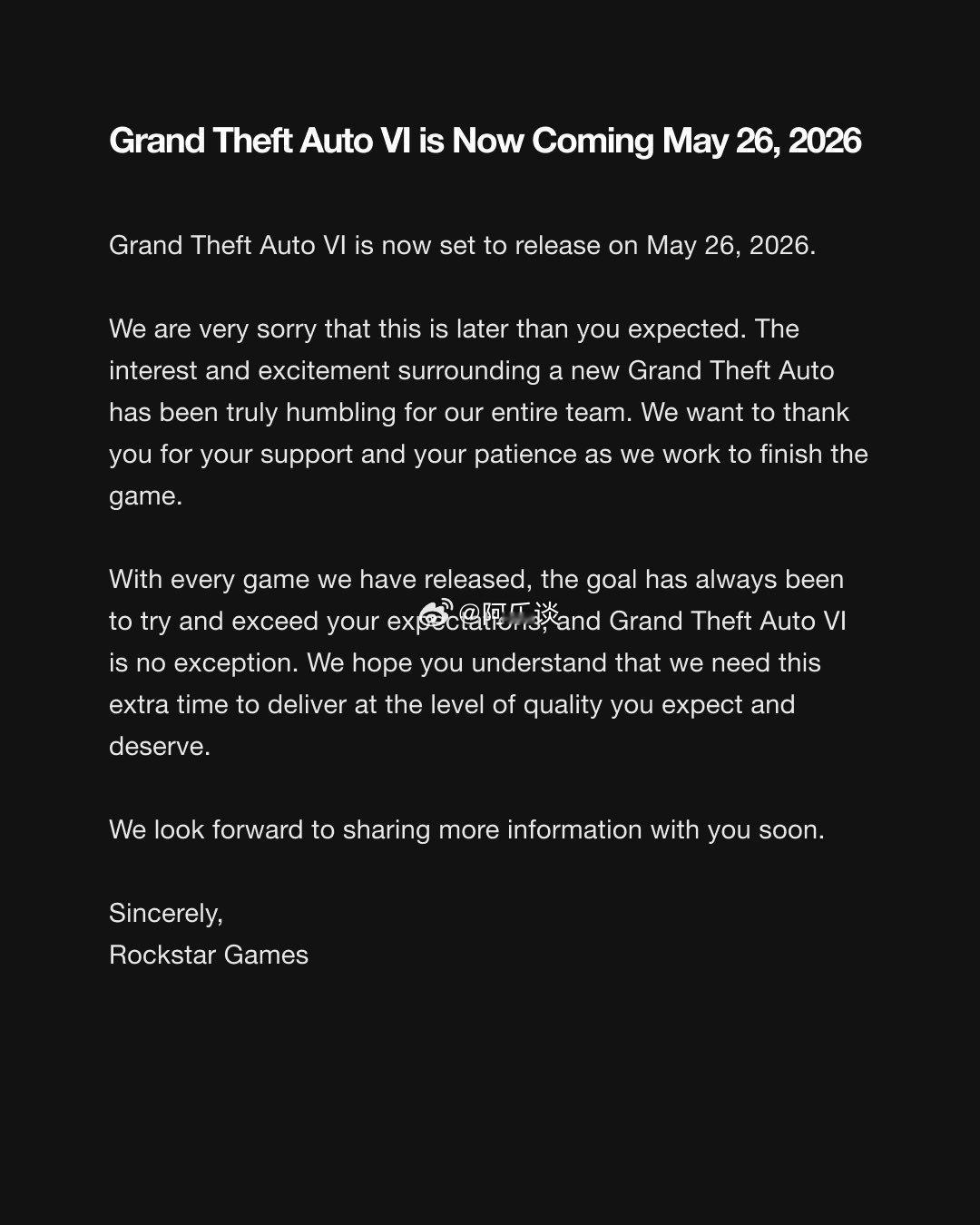 GTA6宣布延期至明年5月26日GTA6延期至明年 ​​​