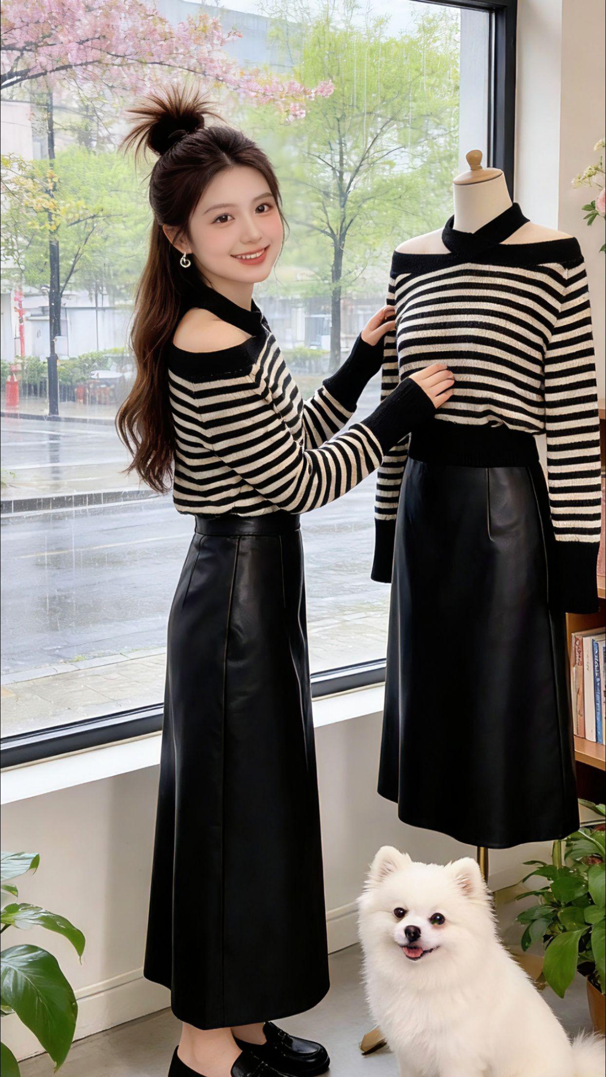 Danny今天的春日穿搭太绝了！挂脖条纹针织衫+皮质长裙，露肩设计带点小性感又显