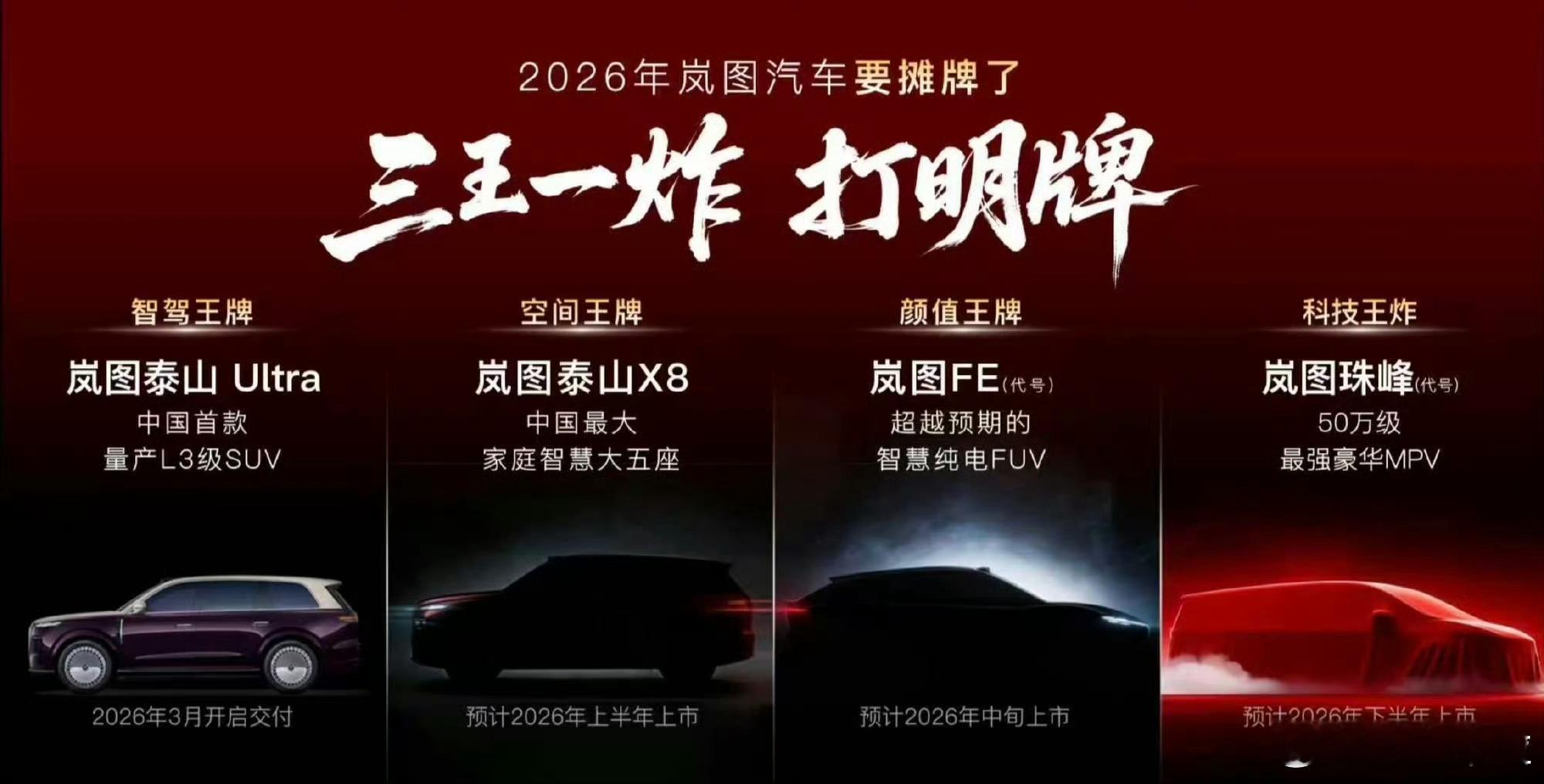 岚图这一堆车型刚好对应了境界明年各系列的旗舰，岚图刚好既不是红队也不是蓝队。 