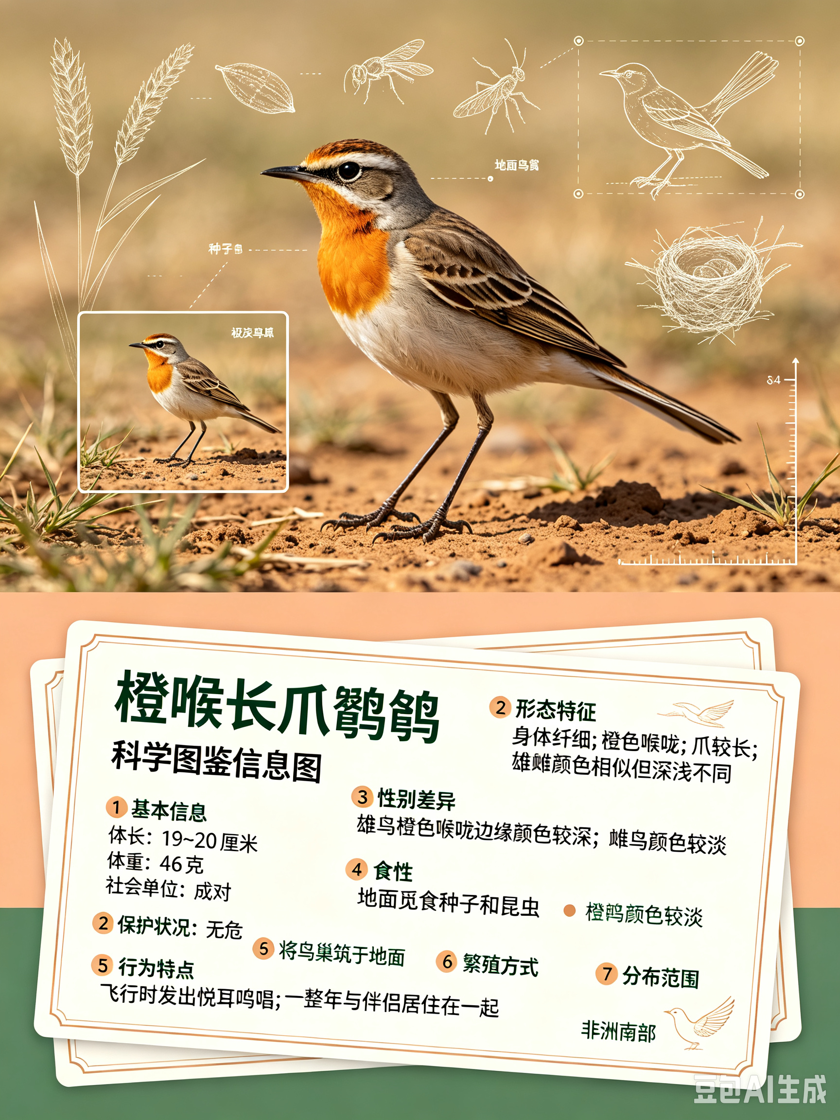 鸟类朋友图鉴 橙喉长爪鹡鸰体长：19~20 厘米体重：46 克社会单位：成对保护