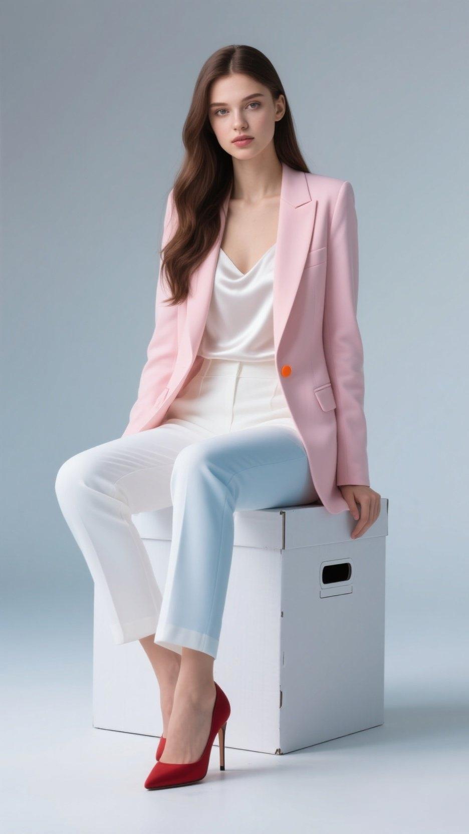 职场穿搭也能玩出新花样，粉色西装搭配白色内搭和裤子，再配上红色高跟鞋，这组合简直