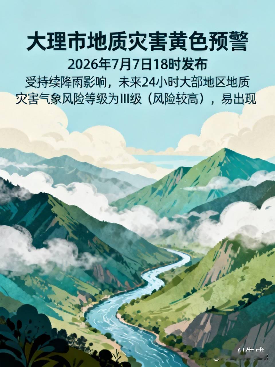 ⚠️【大理市地质灾害黄色预警】大理市气象台、大理市自然资源局于2026年7月7日