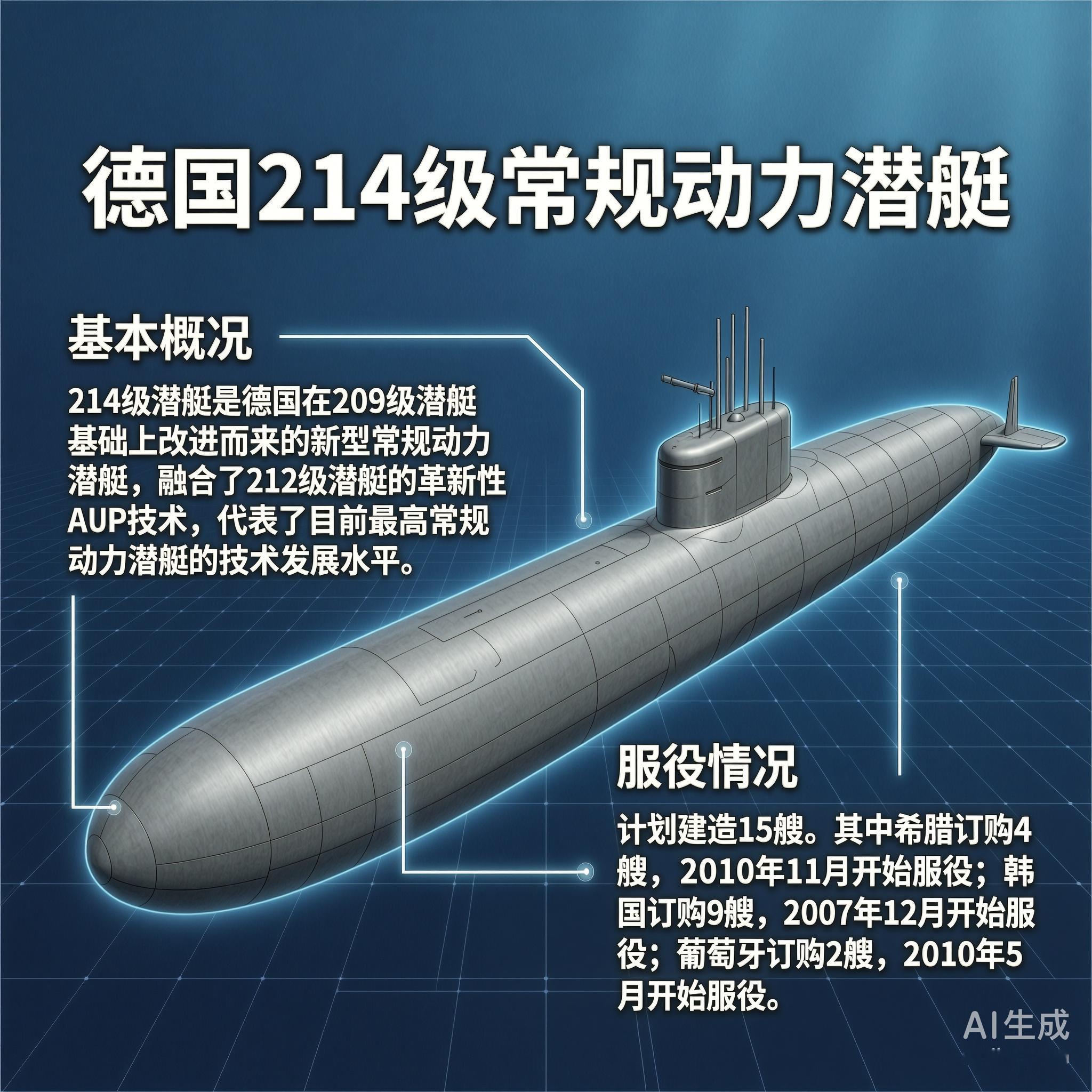 军事ai新视野 德国214级潜艇214级潜艇是德国在209级潜艇的基础上改进而来