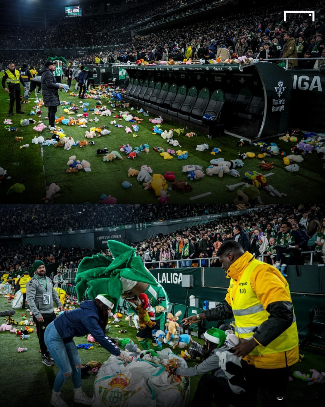西甲最暖“玩具雨”！2.5万个毛绒玩具从天而降，贝蒂斯球迷的圣诞浪漫太好哭🧸?