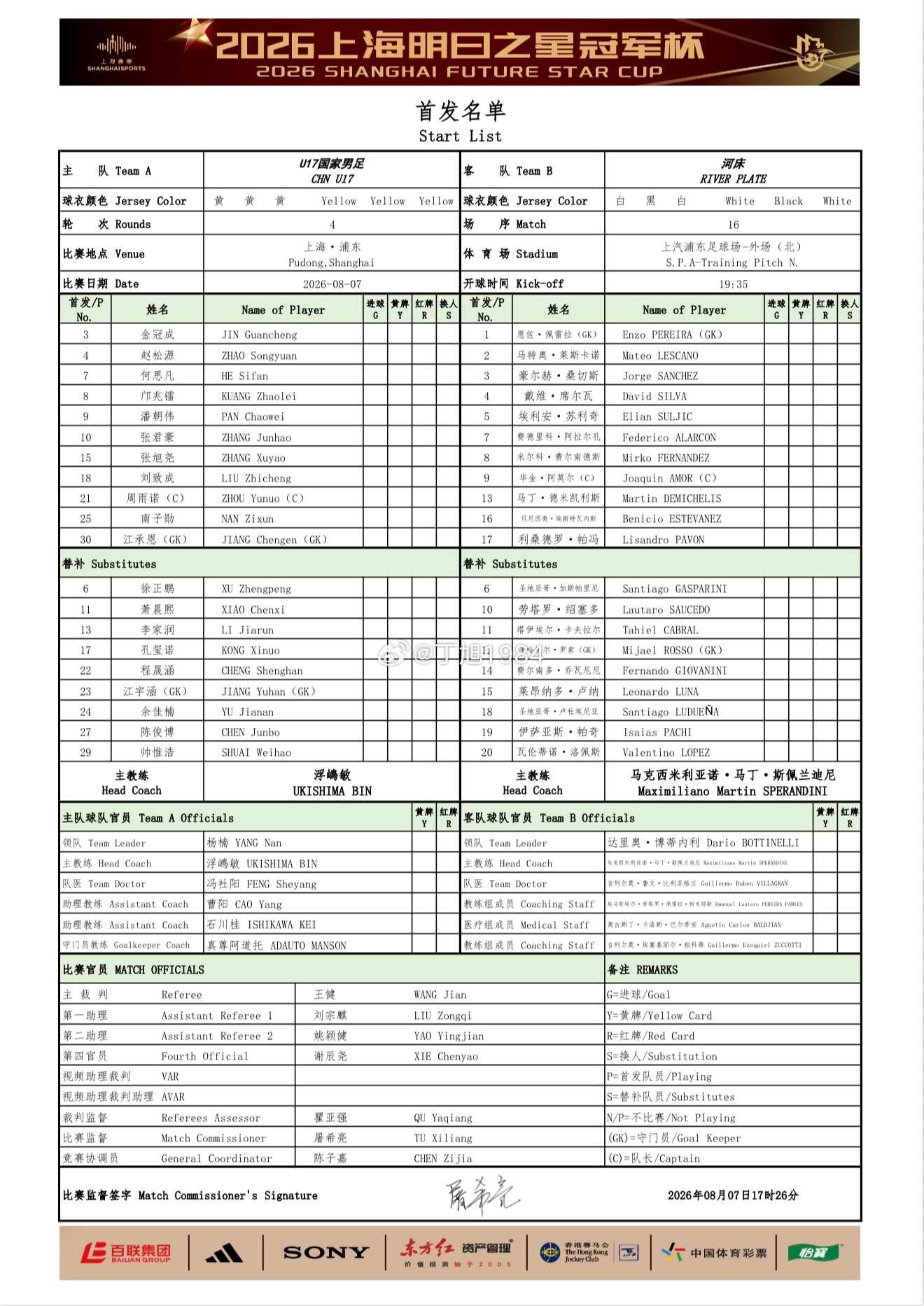 2026上海明日之星冠军杯半决赛中国U-17男足 vs 河床U-17男足首发20