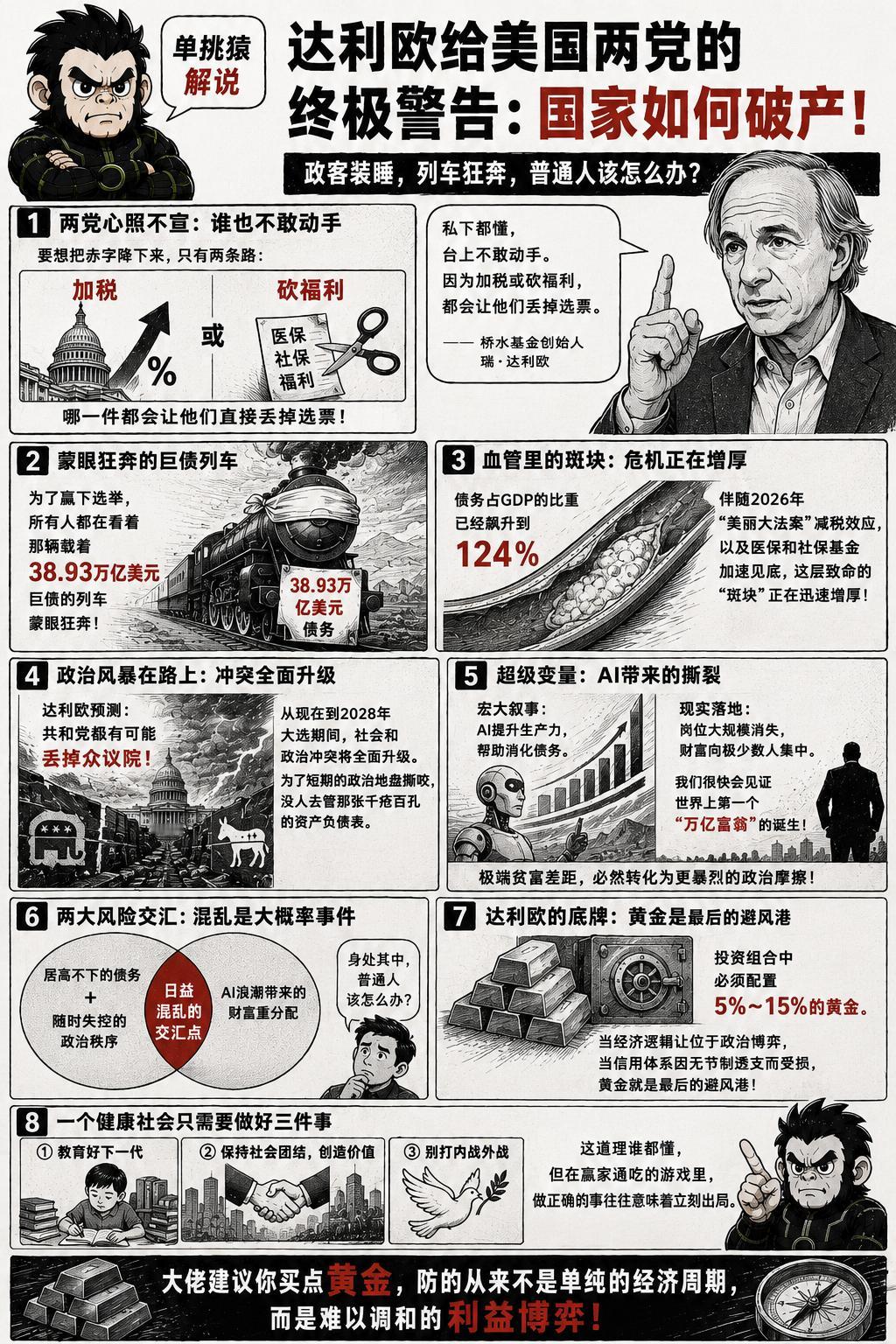 桥水基金创始人达利欧最近给美国两党高层上了一堂关于“国家如何破产”的课。很多政客