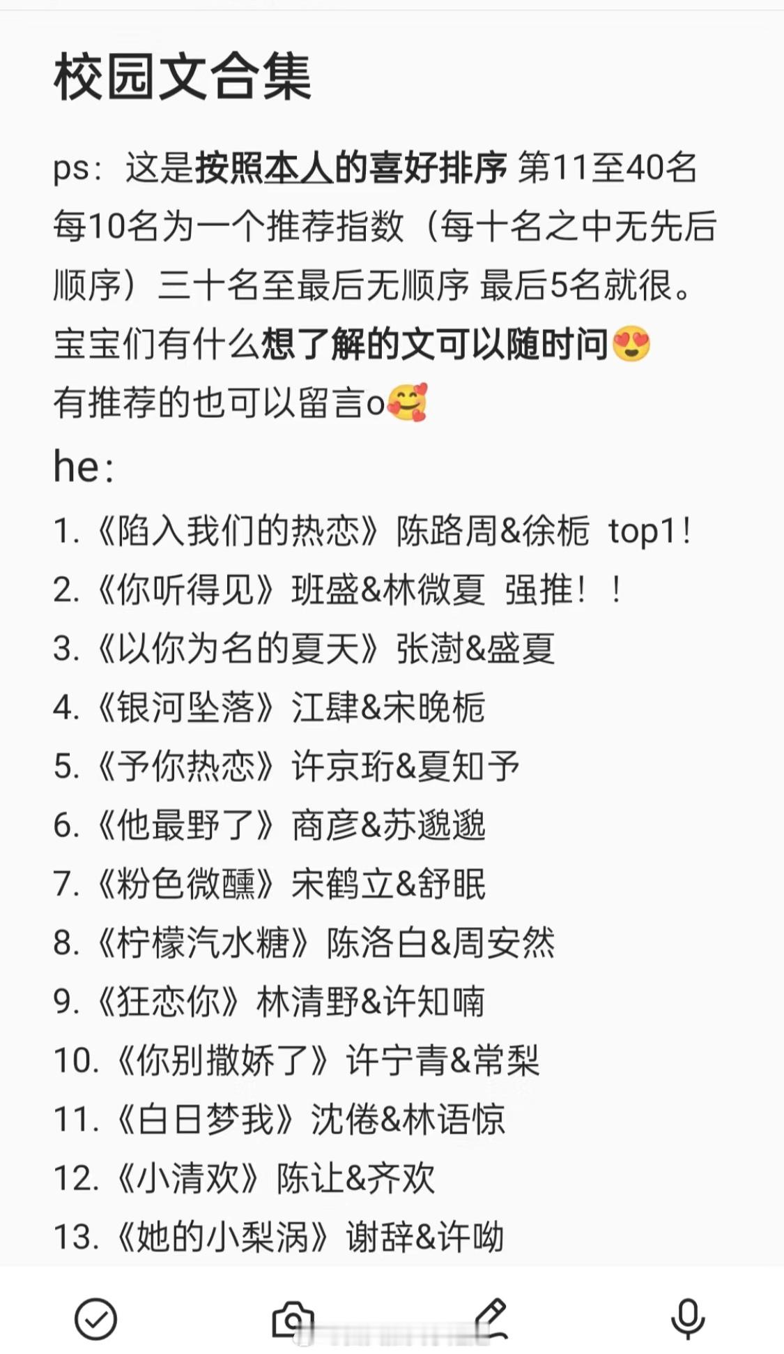 有没有和我一样喜欢看校园文的姐妹呀！这是按照本人的喜好排序排的一些校园言情小说，