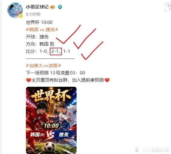 事前的哦，轻松拿下韩国 vs 捷克加拿大vs波黑 下一场预测主页置顶粉丝群分享