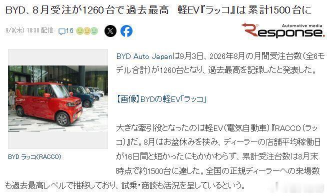 恭喜迪子，首次进军日本市场，八月份新车开张才半个月，就卖出去了1260辆！

所