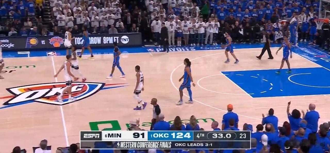雷霆时隔13年再次闯入NBA总决赛！！！NBA西部决赛第五场，雷霆队以124：9