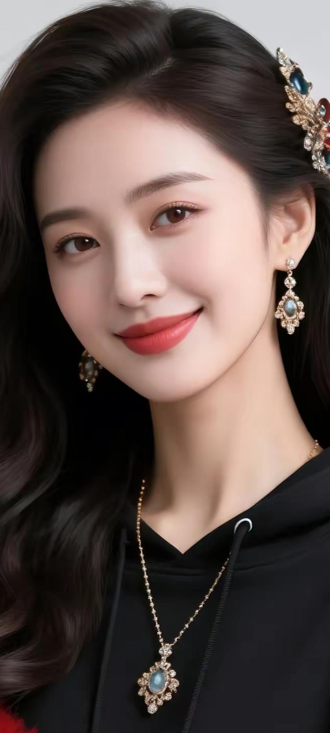 优雅黑发，复古珠宝，红唇微笑，气质非凡。