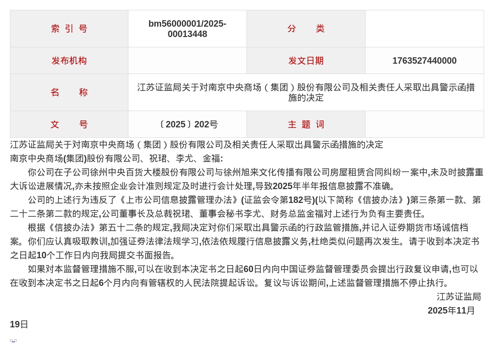 南京中央商场被出具警示函，涉信息披露不准确