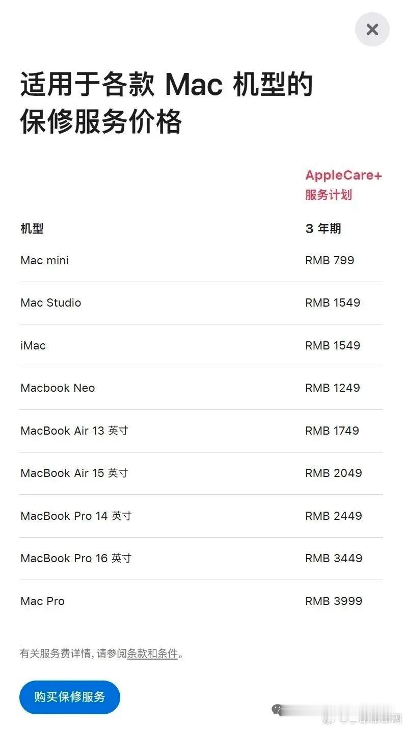 苹果AppleCare+涨价了，电脑产品除了Mac Pro维持3999元原价不变