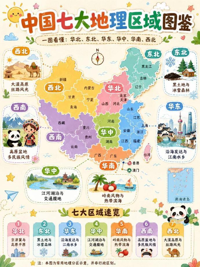 真全！中国七大地理区域，一图就能让你看懂：华北、华东、华中、华南、西南、西北等，