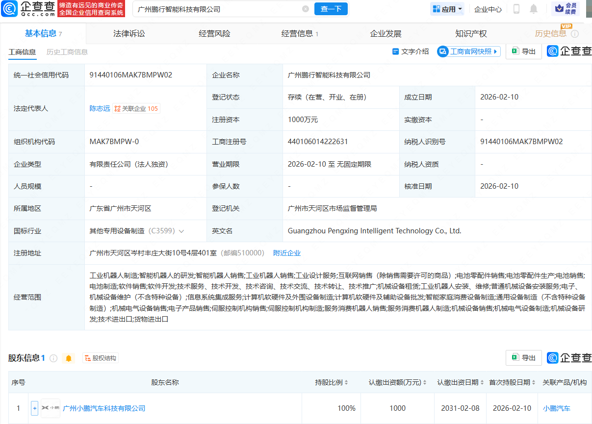 小鹏汽车成立智能科技公司，含多项机器人业务