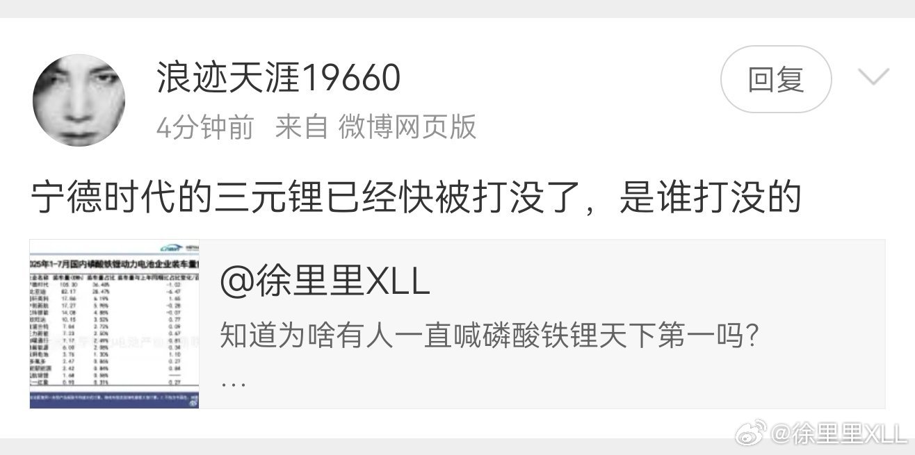 又来一个三元锂被打没了的论调。三元锂和磷酸铁锂本来也不是同一个价位的东西。这个世