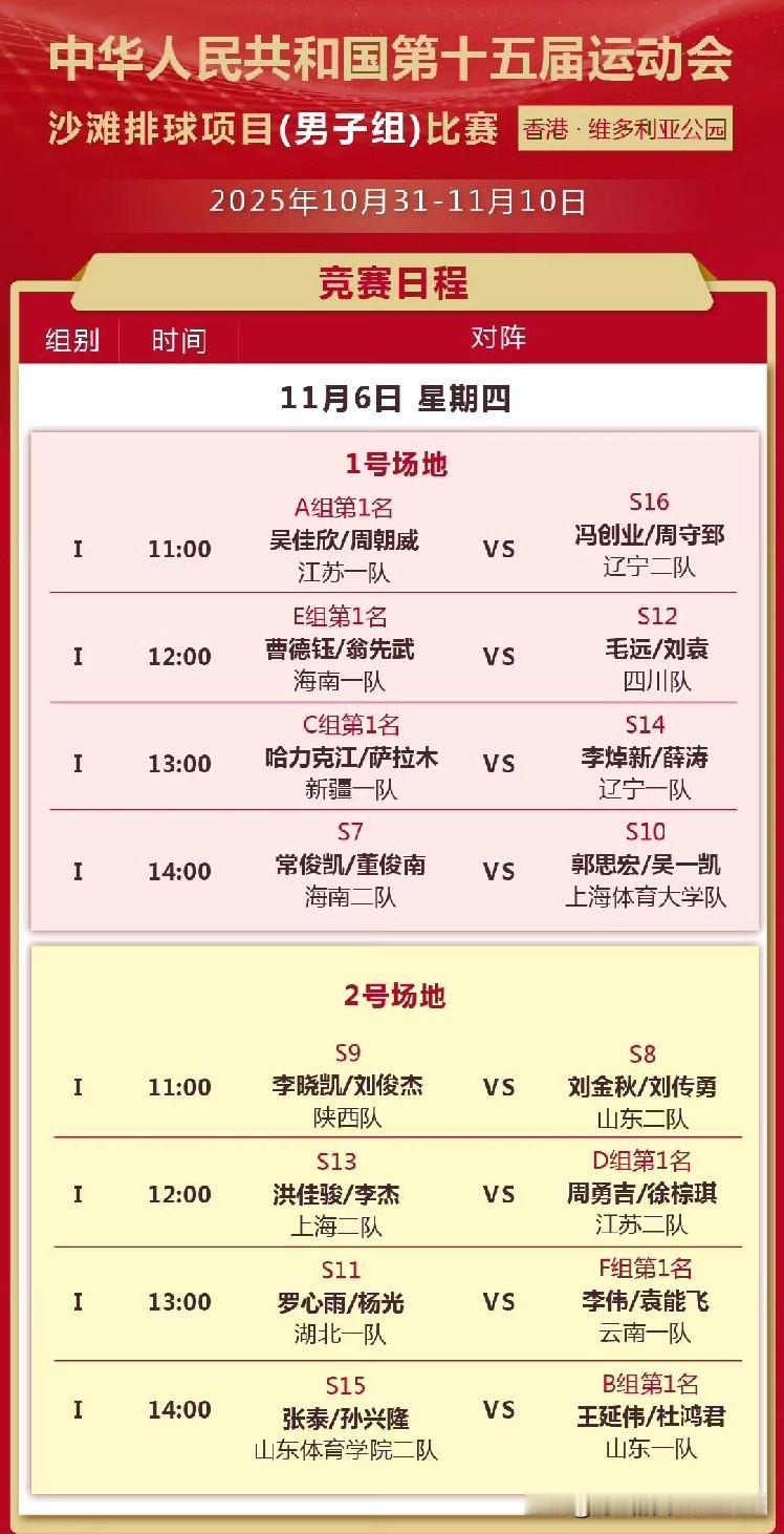 [玫瑰][玫瑰]全运会男子沙排八强，女子沙排四强产生及下一轮对阵情况（详见截图）