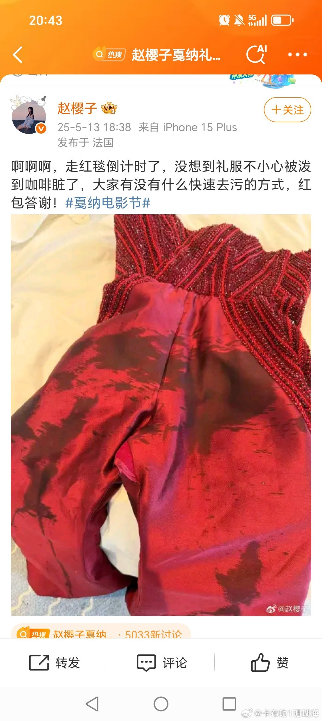 赵樱子戛纳礼服脏了发文求助 为什么大部分网友都是认为他是故意炒作呢？ ​​​
