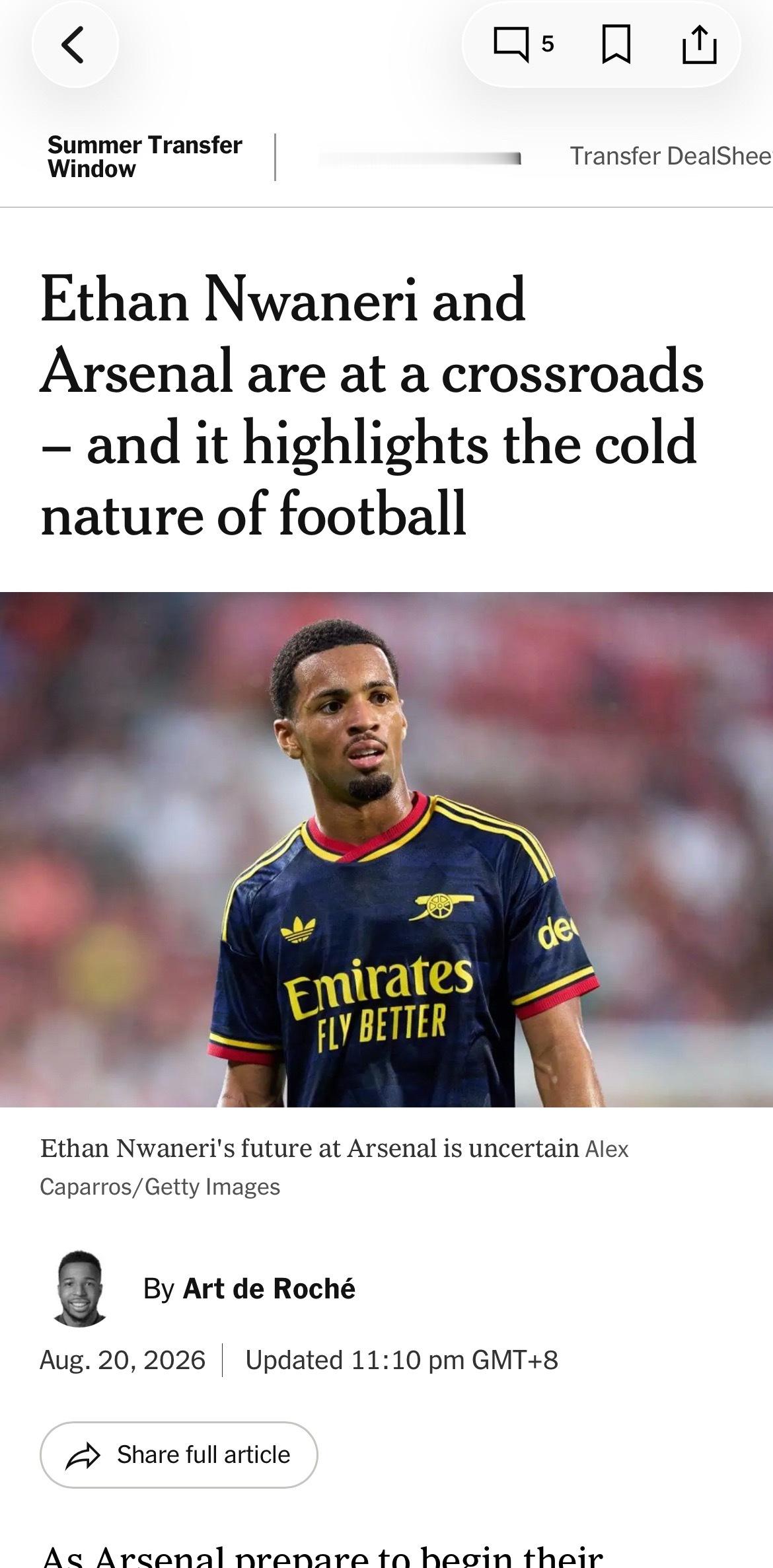 The Athletic Art de Roché：伊桑·恩瓦内里与阿森纳正处于
