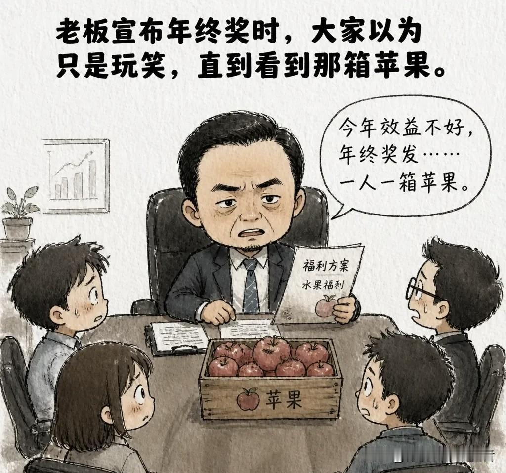 趣味漫画：老板开会：「今年效益不好，年终奖发……一人一箱苹果。」员工们鸦雀无声。
