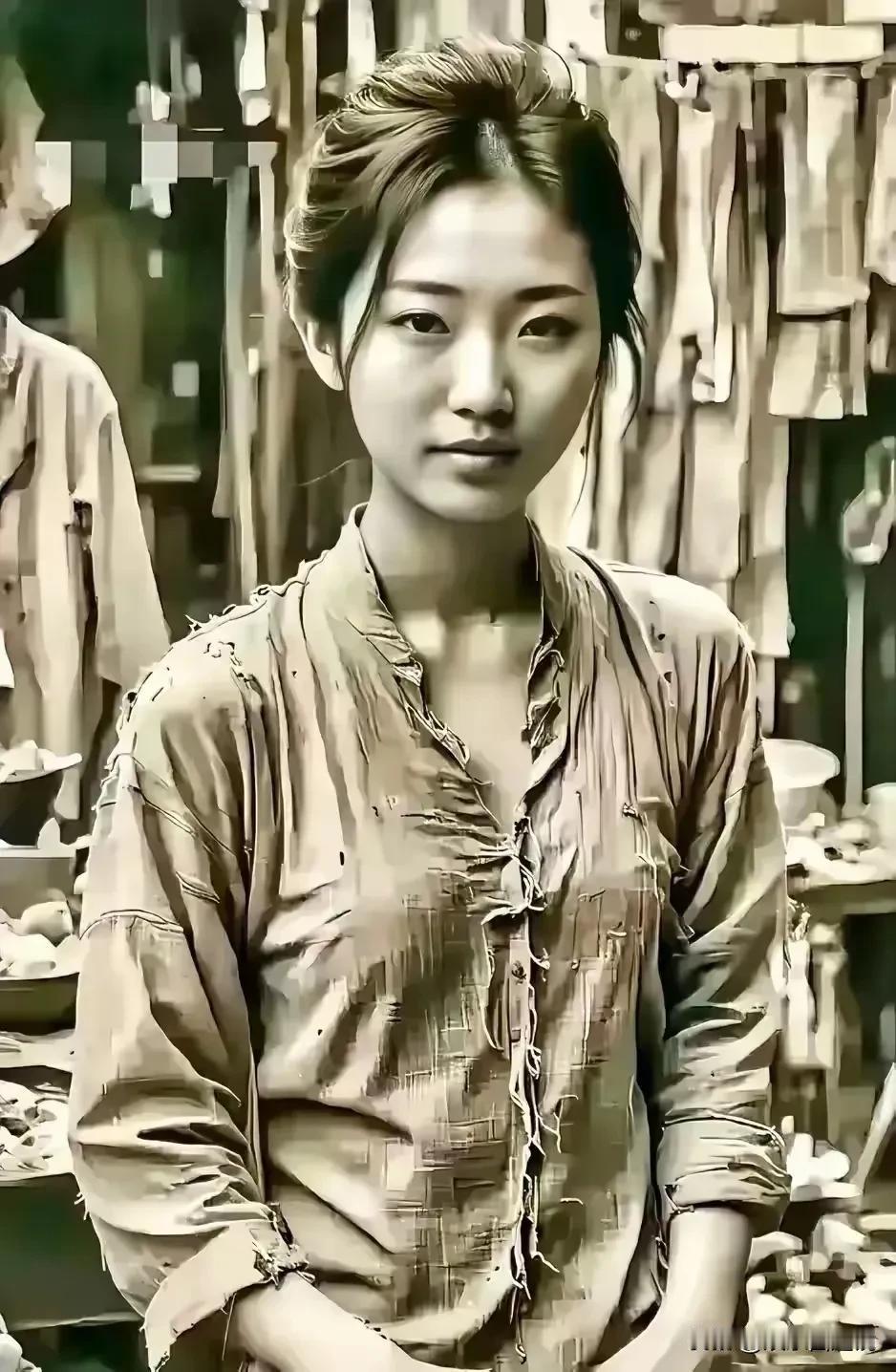 看到这个漂亮的姑娘，穿着破烂的衣服，但也无法掩盖她的绝世姿容。
用一句话来形容，