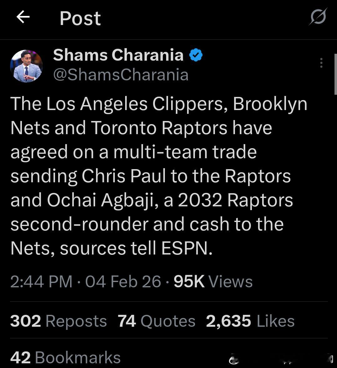 保罗被快船交易到猛龙了， 是个三方交易，阿巴吉+一个次轮去篮网 猛龙并不要求Ch