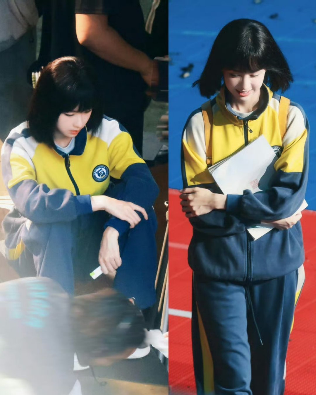 陈都灵这组《冬风吹又生》校服路透一出来，热搜词都带着反差：“好丑的校服，好美的脸