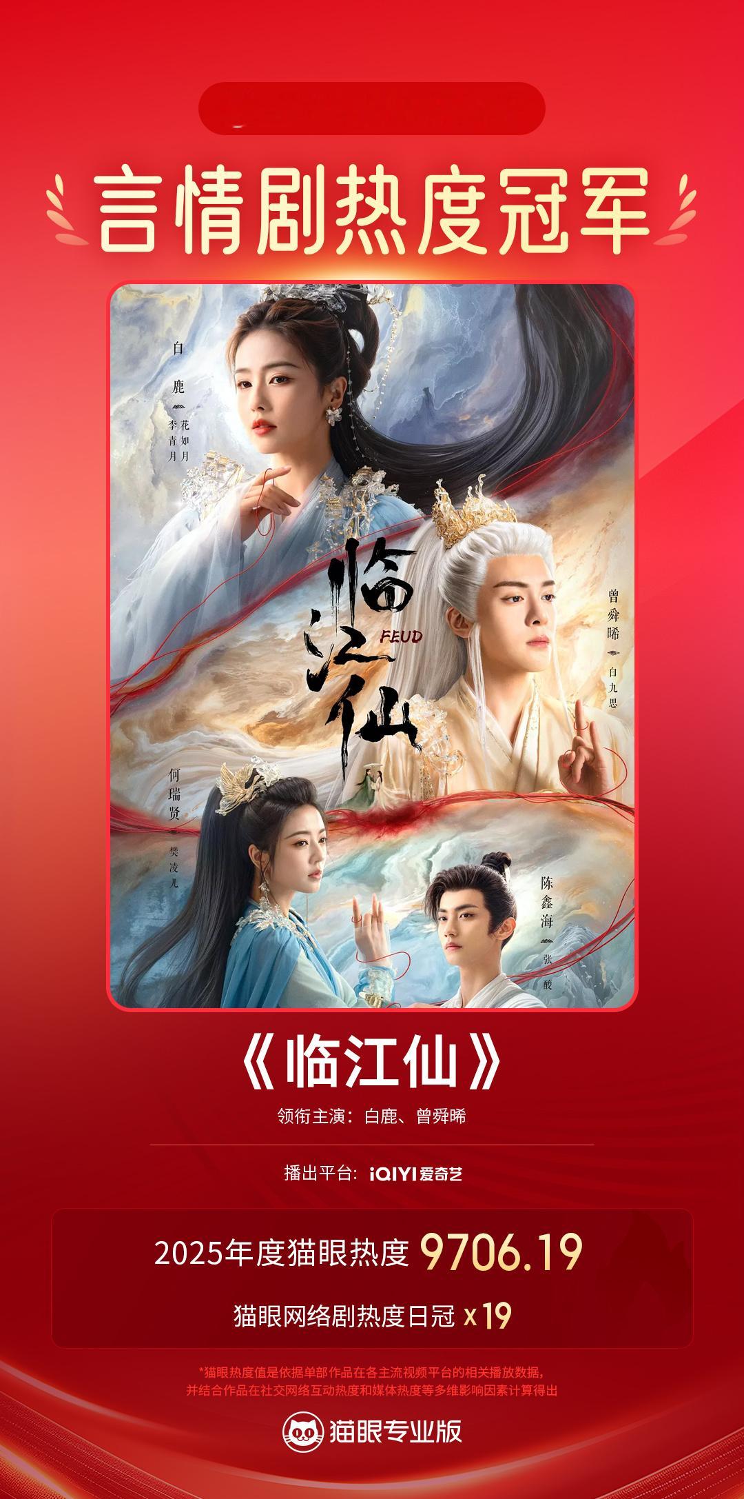 临江仙年度最热言情剧 据猫眼专业版数据，领衔主演网络剧《临江仙》2025年猫眼热
