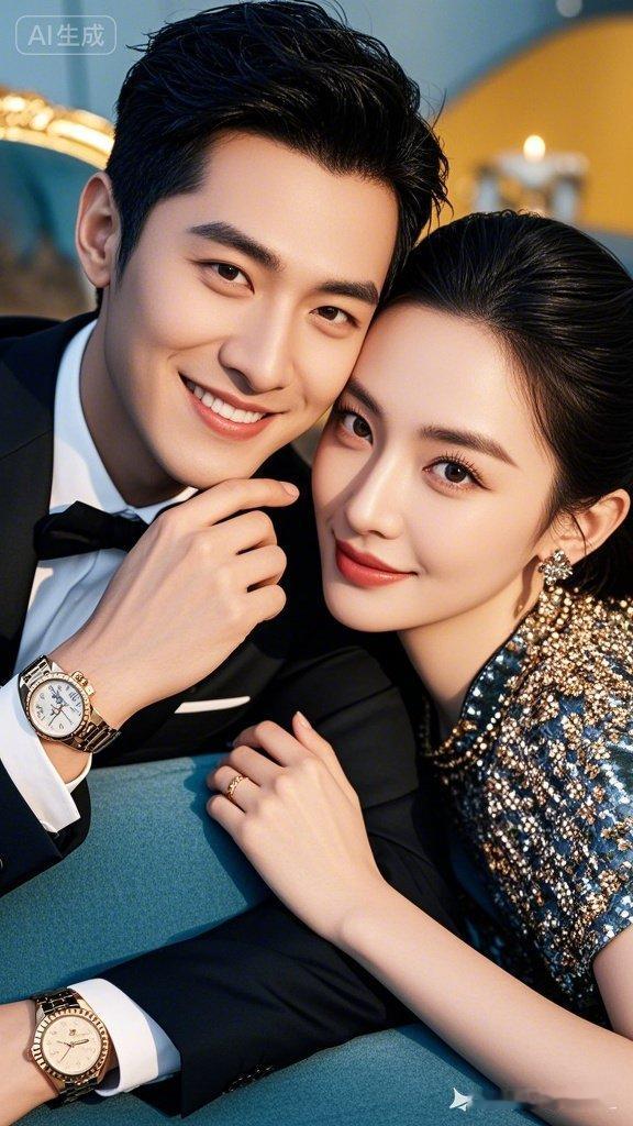 这对情侣穿着正式，靠在一起微笑。