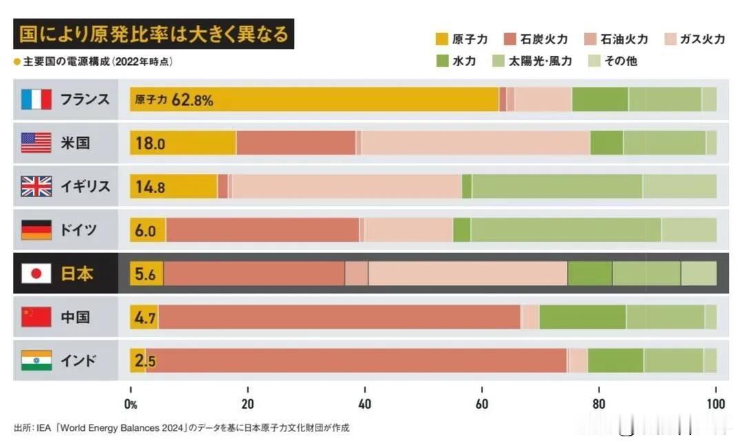 各国能源构成大比拼：法国以核能为主，中国多元发展。

各国核能发电比例，法国最高