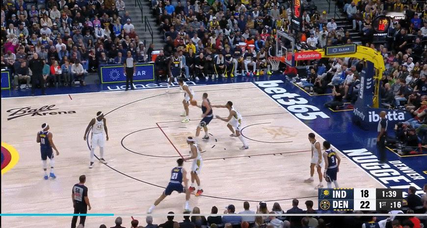 掘金今天大胜步行者14分，约基奇老师（Nikola Jokić”）闲庭信步拿下3