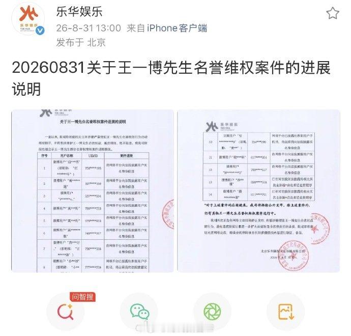 【乐华为王一博发声】乐华公示王一博名誉维权案进展8月31日，发布20260831