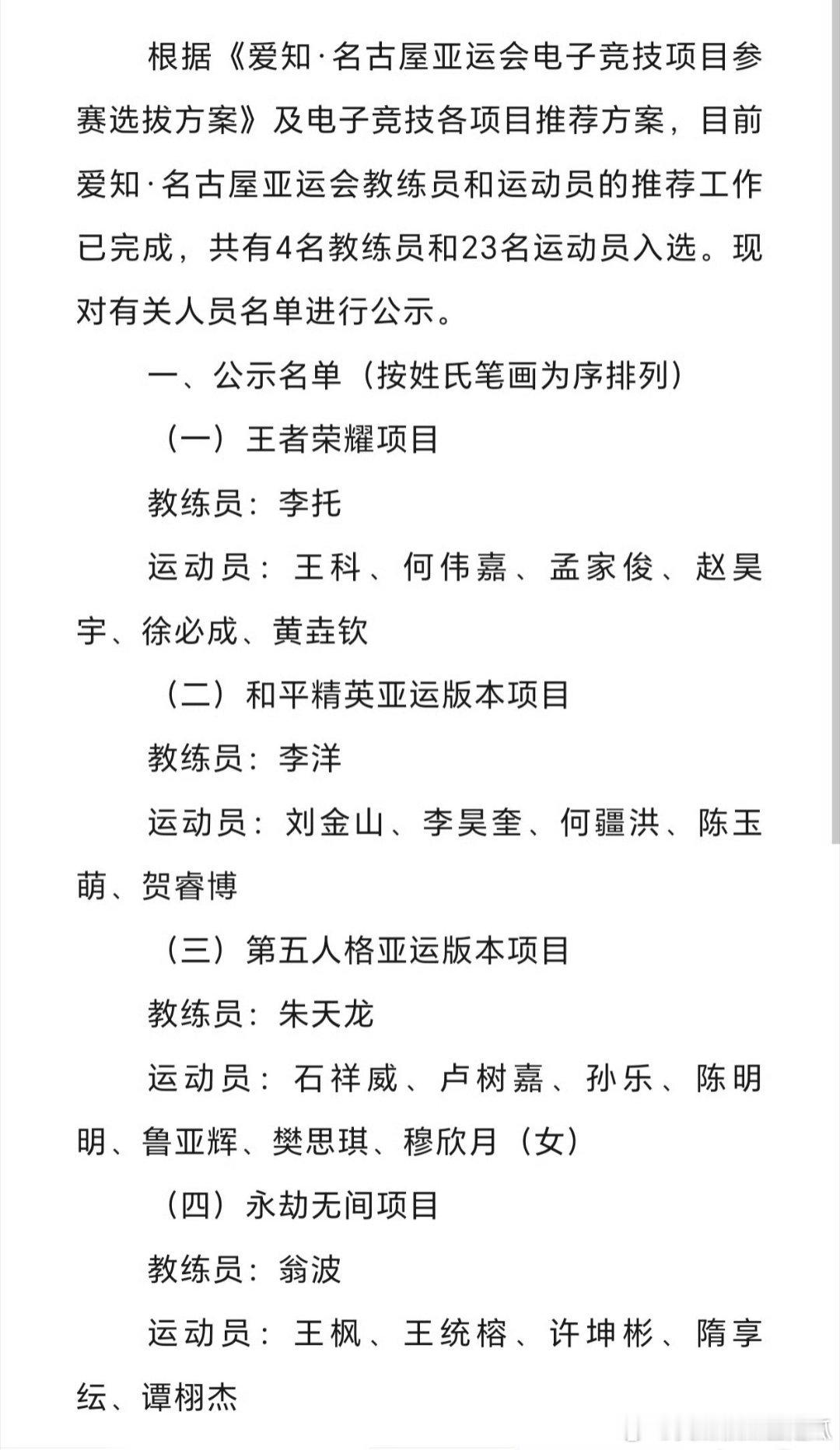 名古屋亚运会电竞参赛名单王者入围：小落，句号，大帅，无言，清融。只能说，亚运会集