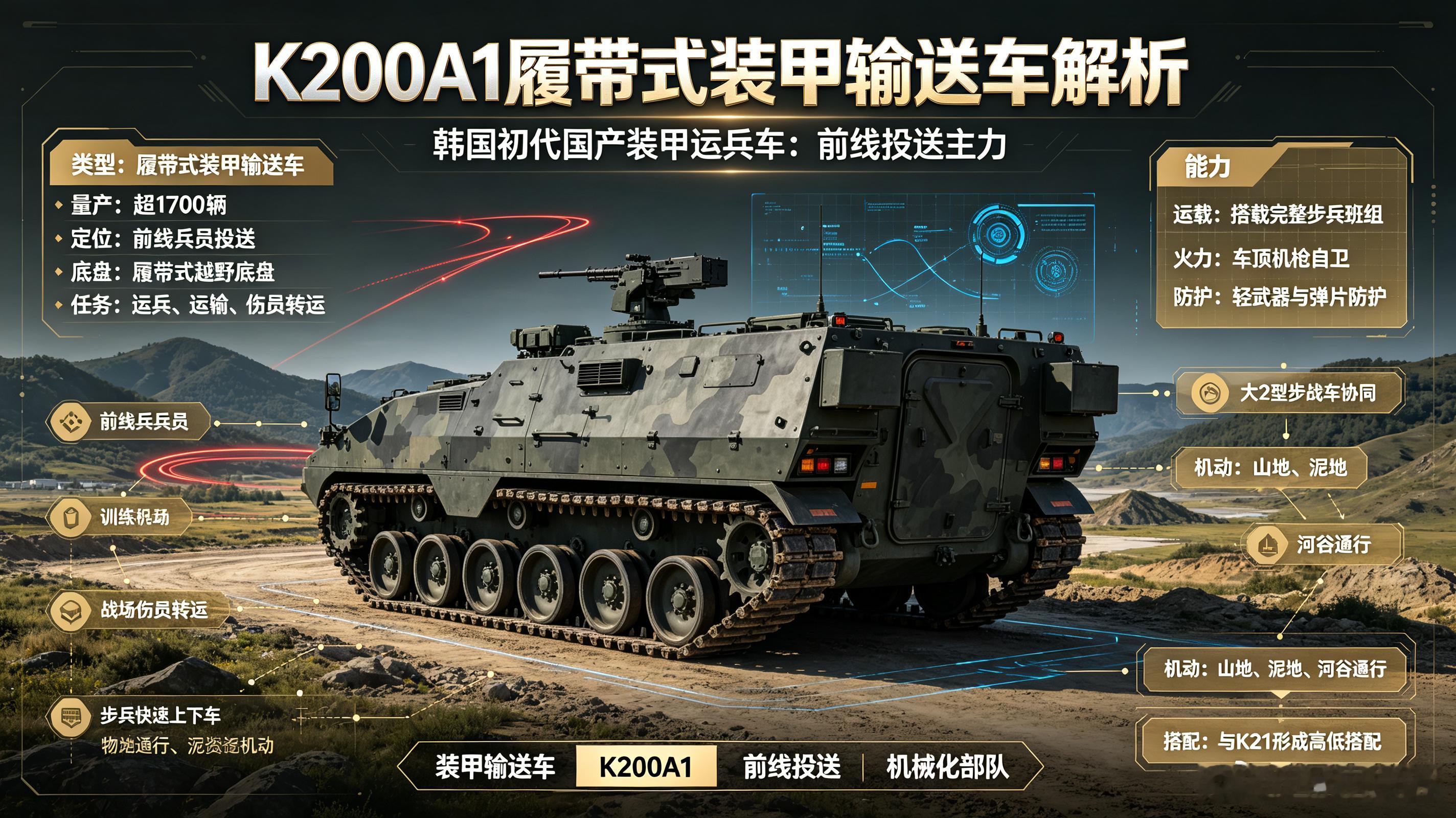 韩国初代自研装甲运兵车K200A1，总产量突破1700辆，主打前线兵员批量投送，