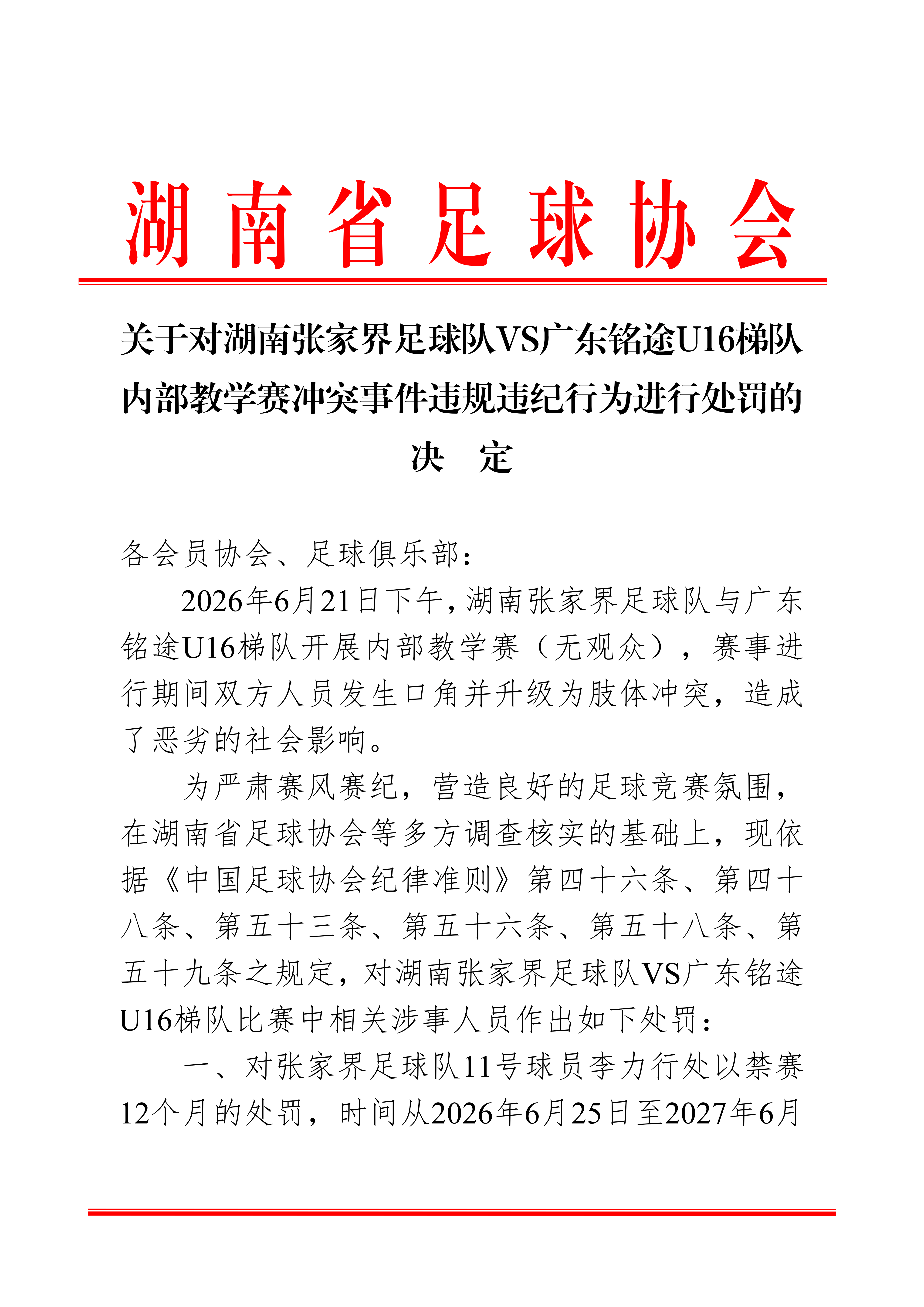 湖南省足协：处罚1名球员1年禁赛，3名球员及领队半年禁赛