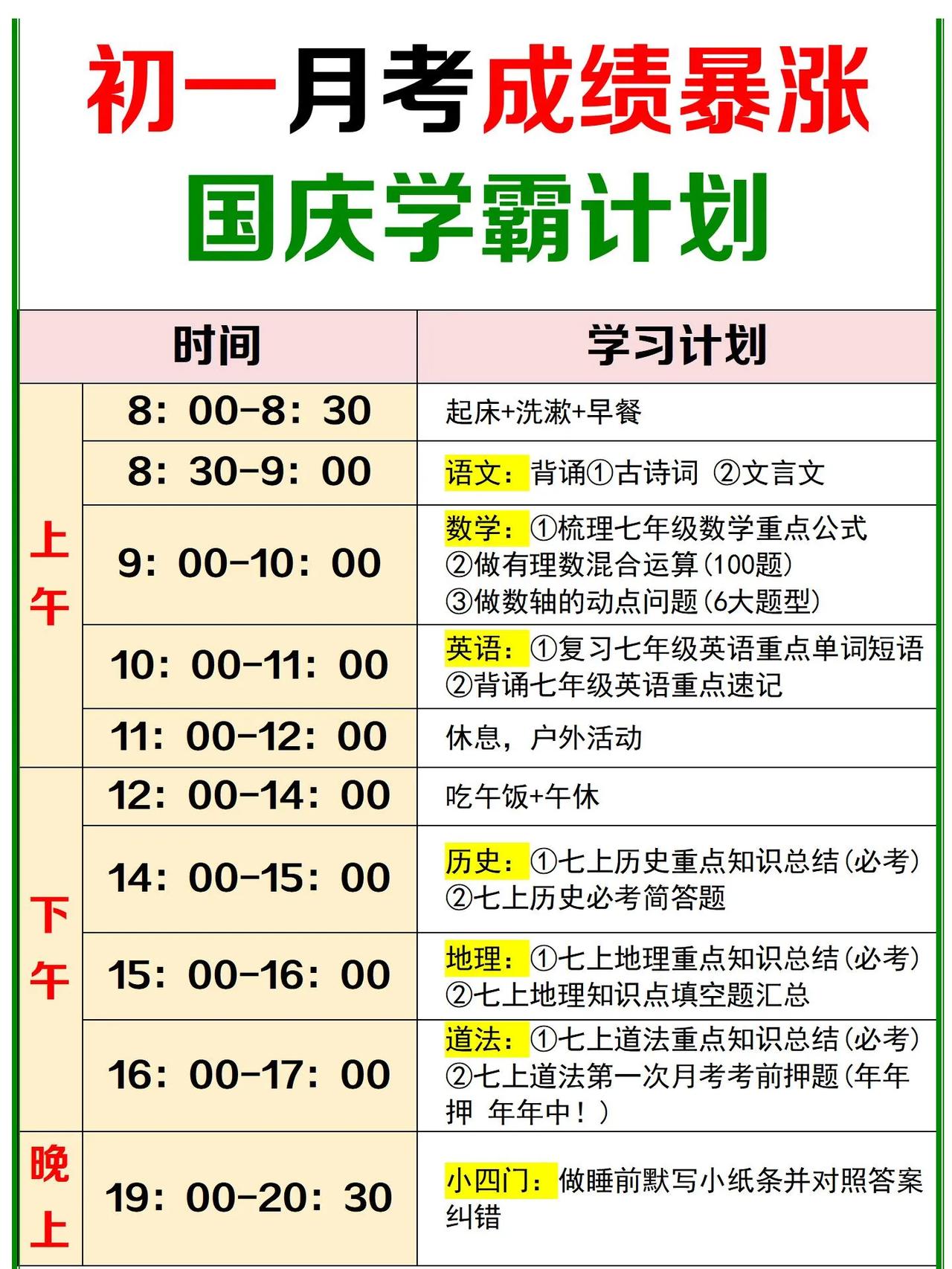 初一月考，让孩子成绩暴涨的国庆学霸计划