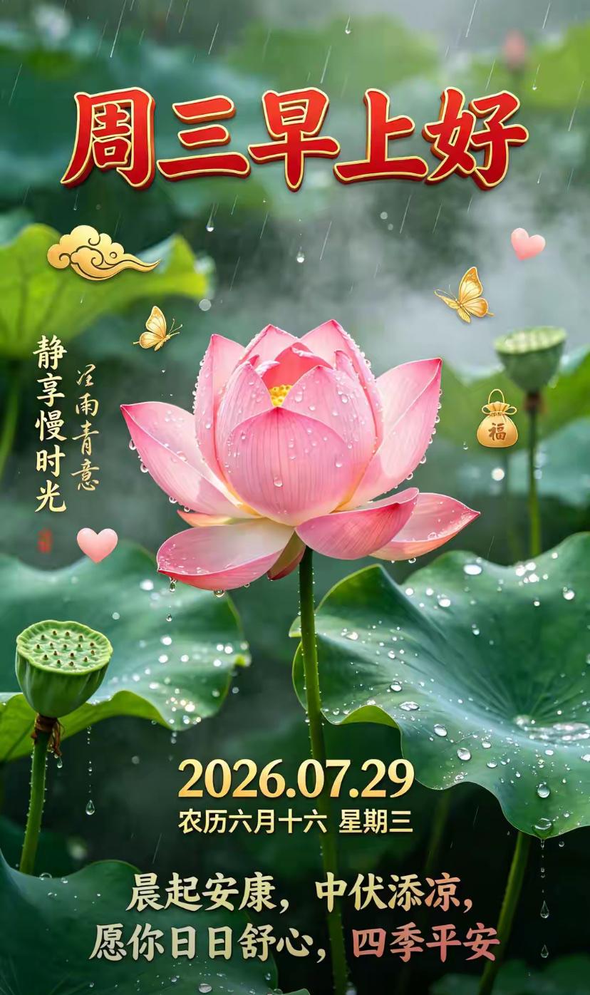 🌺2026./7月29日，周三安好，荷风消暑，伏天寻静🌺

☘️🌅晨光温柔