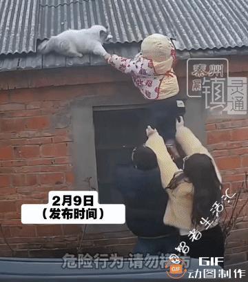 太有爱了！一只小猫咪爬上房顶，左顾右盼下不来，男子发现后，把女儿举上屋顶，开展猫